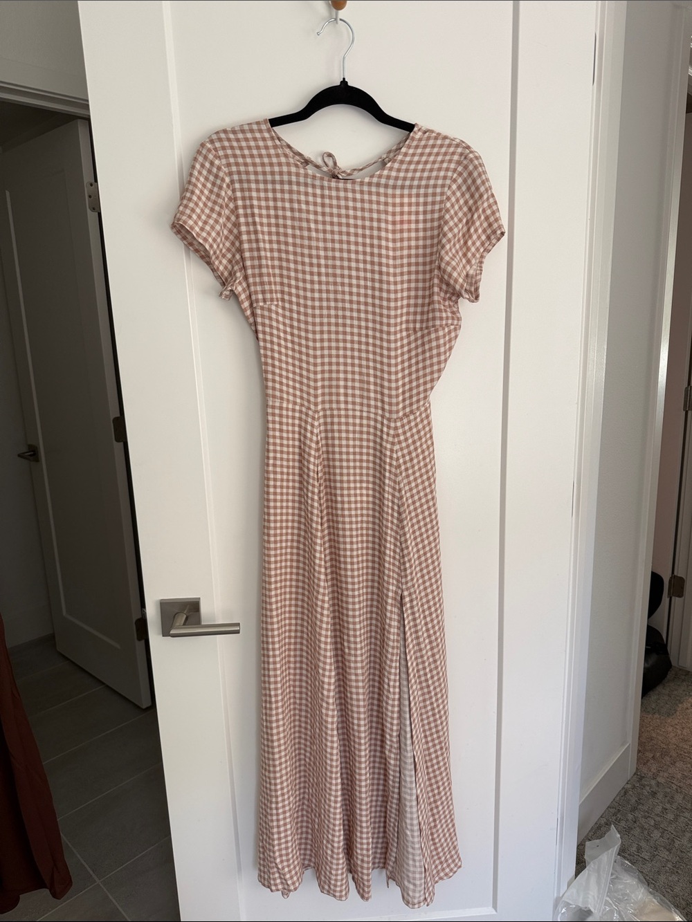 Urban Outfitters Backless Beige Gingham Maxi Dress with front slits